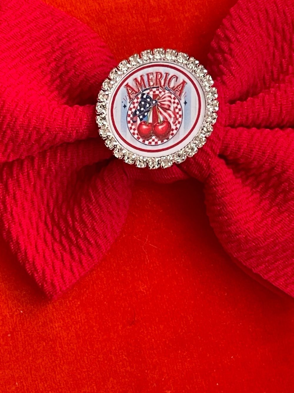 Patriotic Cherry hair Bow Pin with Rhinestone Accent - Red